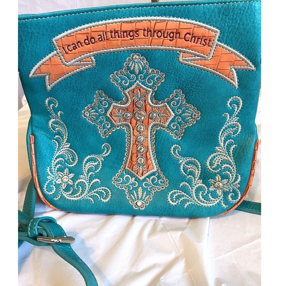 Montana West Turquoise Crossbody Bag Western Cross Religious Bible Verse Purse